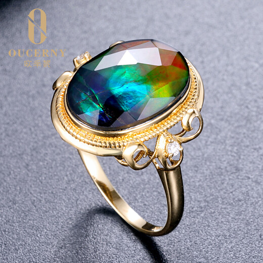 OUCERNY ammolite ring 18k rose gold set with diamond natural ammonite ring colorful women's ring women's model needs to be customized 5-7 days