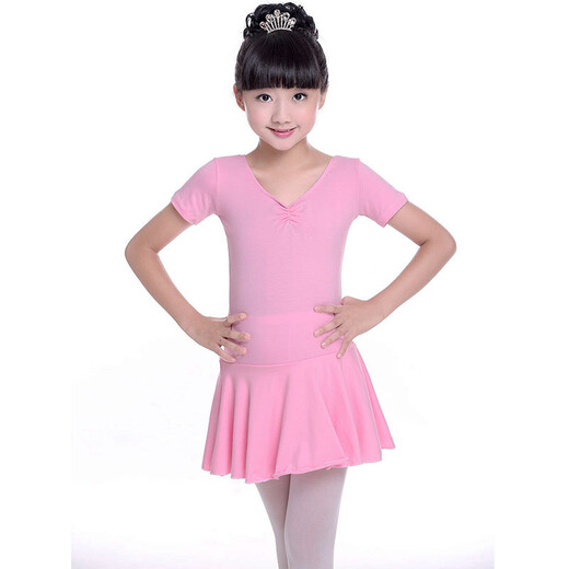 驰动儿童舞蹈服女童练功服春夏短袖考级服装连体服棉芭蕾舞裙粉色3XL