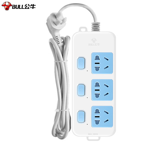 Bull socket basic blue and white model porous long-line multi-functional electrical plug-in board sub-control switch drag strip with child protection door/new national standard/socket/terminal board 3 positions [sub-control] 1.8 meters GN-314