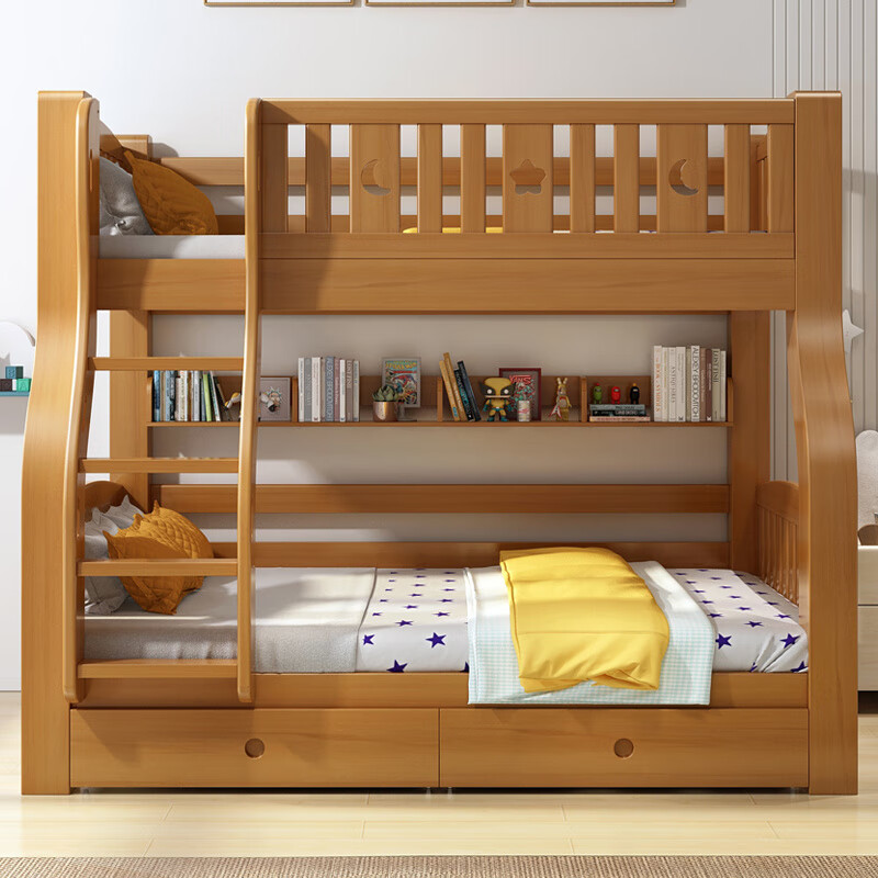 LAIKEXUAN children's solid wood bunk beds for boys and girls, high and low bunk beds, walnut ladder cabinets, upper bunk 160, lower bunk 180