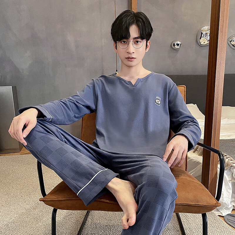 Yu Zhaolin pajamas men's cotton autumn and winter long-sleeved simple casual youth large size can be worn outside all seasons pullover home clothes