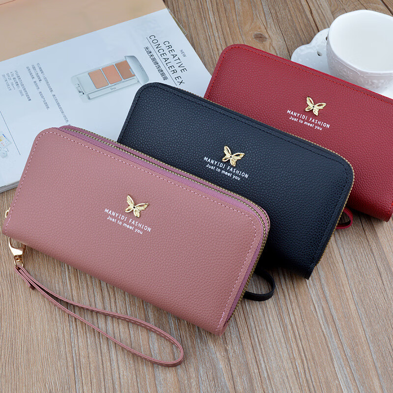 New style portable wallet for women, long double zipper clutch bag, large capacity double layer mobile phone bag, fashionable litchi pattern wallet, maroon