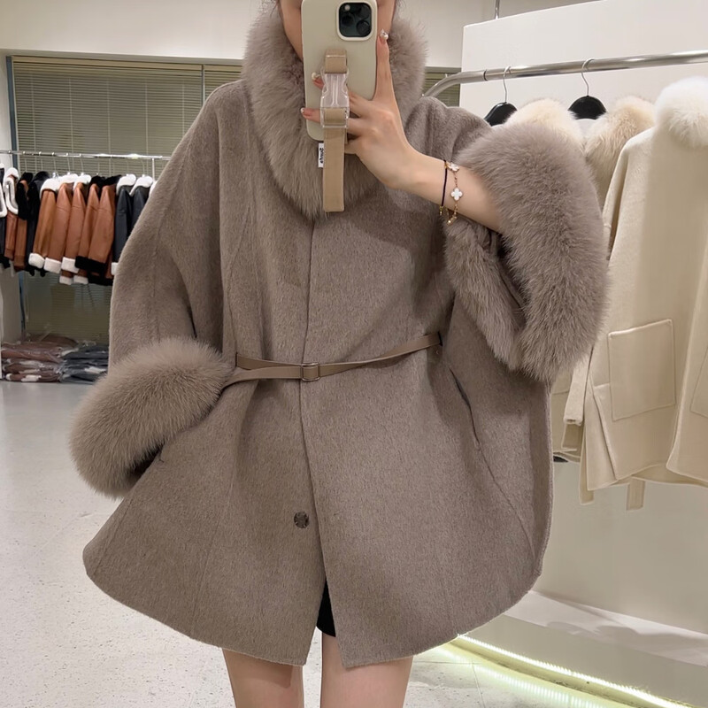 Pierre Cardin young women's cloak fur double-sided woolen coat women's cashmere coat fox fur collar detachable woolen coat floral coffee color S around 80-130 pounds