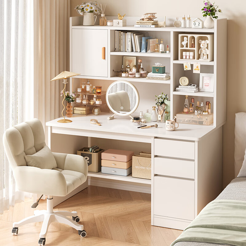 Xunqiao dressing table bedroom computer table integrated simple modern desk makeup table two-in-one makeup cabinet mirror bedside bookshelf upgraded model warm white 120CM + lamp mirror + chair