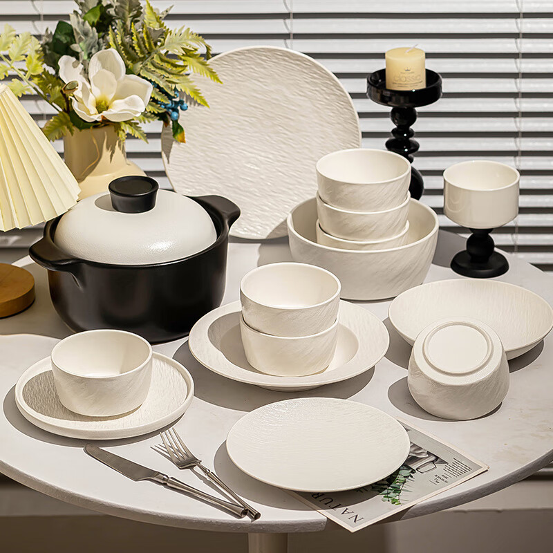 Shengxi bowls and plates tableware pure white rock pattern underglaze color tableware complete set of ceramic bowl set bowls and dishes bowls and chopsticks set for housewarming 10 people with soup bowl gift box set 42 pieces