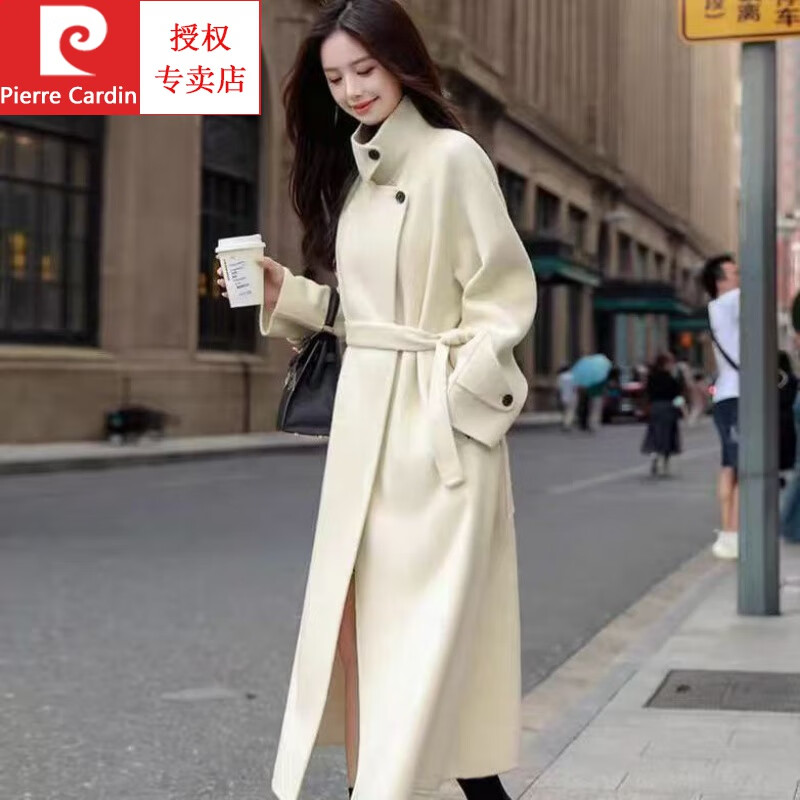 Pierre Cardin thickened wool new cashmere autumn and winter coat long stand-up collar double-sided New Year woolen jersey coat Angora red M