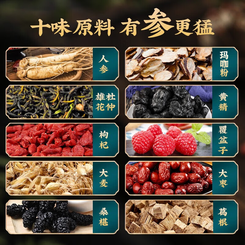 Beijing Tongrentang Ginseng, Wolfberry and Ten Treasures Tea tonify the kidneys and strengthen yang and health-preserving tea, Six Treasures Tea, Maca, Mulberry and Eucommia Male Flower Tea, one box, genuine materials - 12 bags