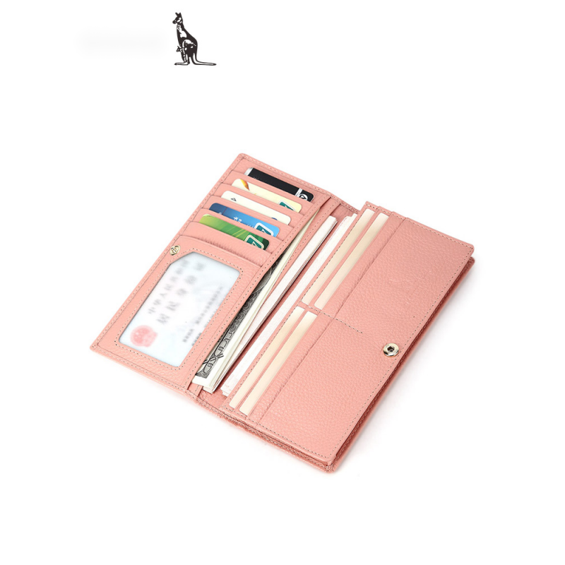 Kangaroo Light Luxury Simple Women's Wallet Women's Long Genuine Leather Wallet Chinese Valentine's Day Fashion Simple Coin Purse Thin Pink (Thick Style)