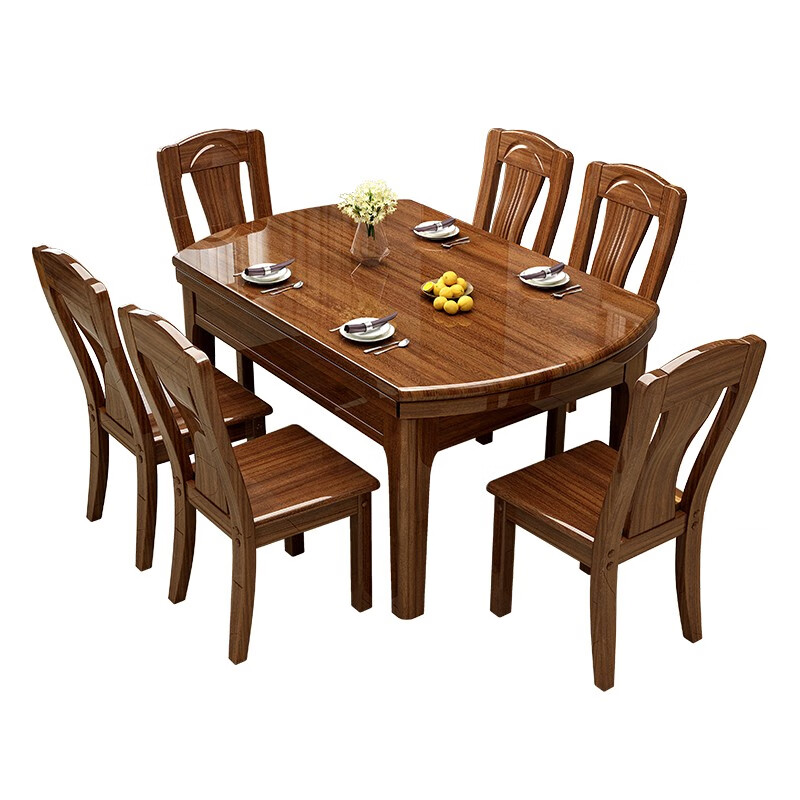 Fulian Fujia golden sandalwood solid wood dining table and chair combination home dining table retractable and foldable square and round dual-purpose small apartment 1.5 meters one table 6 chairs all solid wood