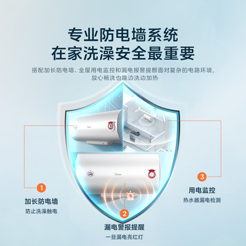 Midea 8-year warranty for the whole machine 60-liter electric water heater 2100W energy-saving fast heating rental house double sterilization extended electric wall F60-21WA1