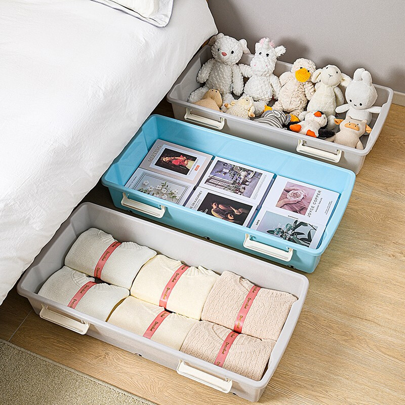 SPACEXPERT Under Bed Storage Box Large Clothes Toy Storage Box Flat Pulley Organizer Car Box Under Bed Storage Box Transparent Under Bed Storage Box 47L Single Pack