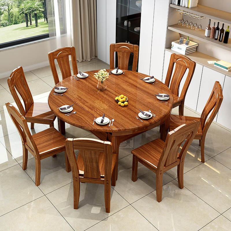 Fulian Fujia golden sandalwood solid wood dining table and chair combination home dining table retractable and foldable square and round dual-purpose small apartment 1.5 meters one table 6 chairs all solid wood