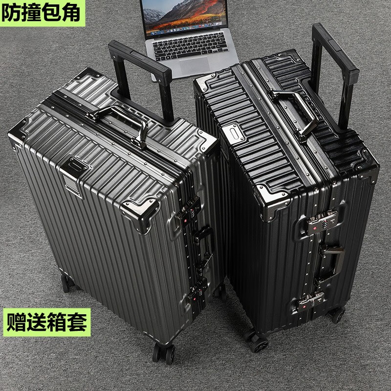 XUEKASI suitcase, large-capacity trolley case, aluminum frame suitcase, can accommodate 1 person, hard-shell suitcase, business boarding password box, obsidian black, anti-collision corners + exquisite case cover, 28 inches, large capacity, strong and durable suitcase