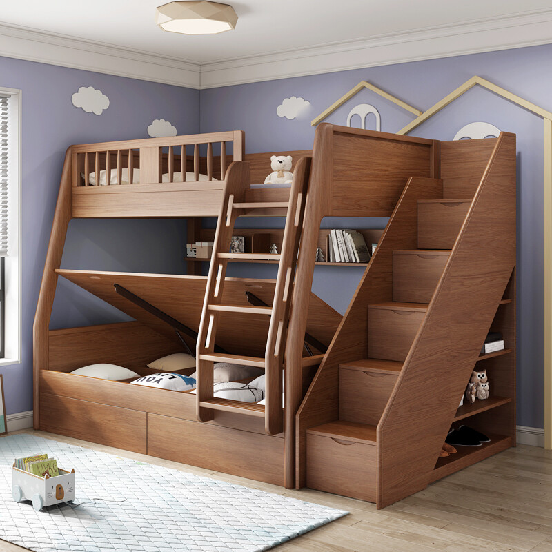 Fugui Cat bunk bed, high and low bed, children's bed, two-layer bunk bed, multi-functional high box, small apartment bunk bed for boys and girls, bunk bed + bookshelf + 2 mattresses 1500*1900