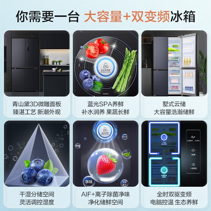 Rongsheng 620-liter cross-fold four-door large-capacity refrigerator first-class energy efficiency dual-drive variable frequency air-cooled frost-free ultra-thin refrigerator sterilization and deodorization full ecological freshness blue light freshness BCD-620WD19FP
