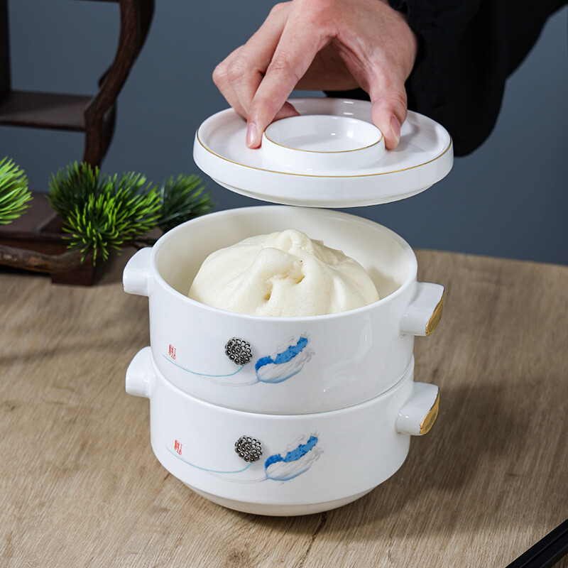 Chidu stew cup, soup cup, vegetable cup, hotel high-end tableware, bird's nest dessert bowl, Chinese creative double-layered cup, steaming cup, large double-layered cup - blue lotus painted gold