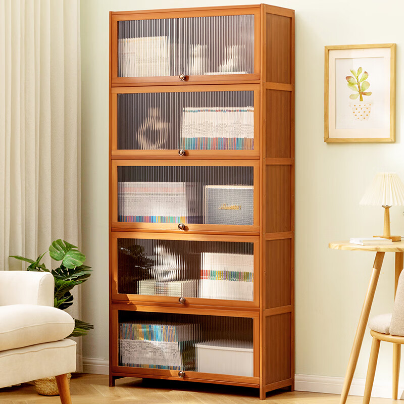Trojan simple floor-standing bookshelf living room storage rack simple study storage cabinet bookcase reading rack integrated against the wall Changhong flip door five layers 80 long