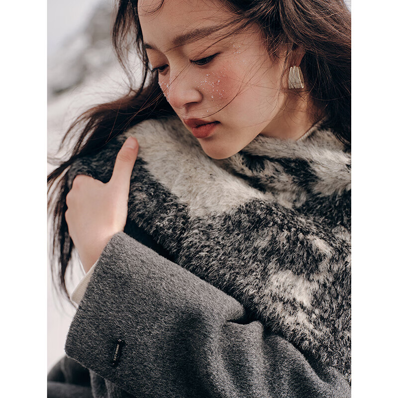 Inman wool double-sided wool coat winter women's commuter lapel collar cocoon-shaped temperament long coat dark floral gray S