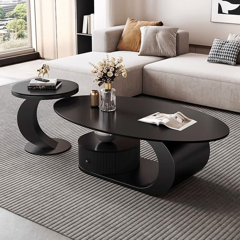 Xunbao slate coffee table modern simple living room home small apartment Italian light luxury high-end Internet celebrity oval coffee table Snow mountain white slate coffee table 120*60 + side table