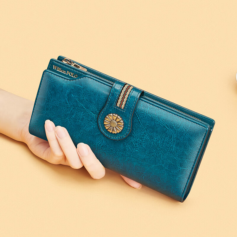 British Paul Genuine Leather Wallet Women's Handbag Women's Small Bag Clutch Long Wallet Card Bag New Year's Gift for Girlfriend and Mom Peacock Blue-Oiled Waxed Cowhide