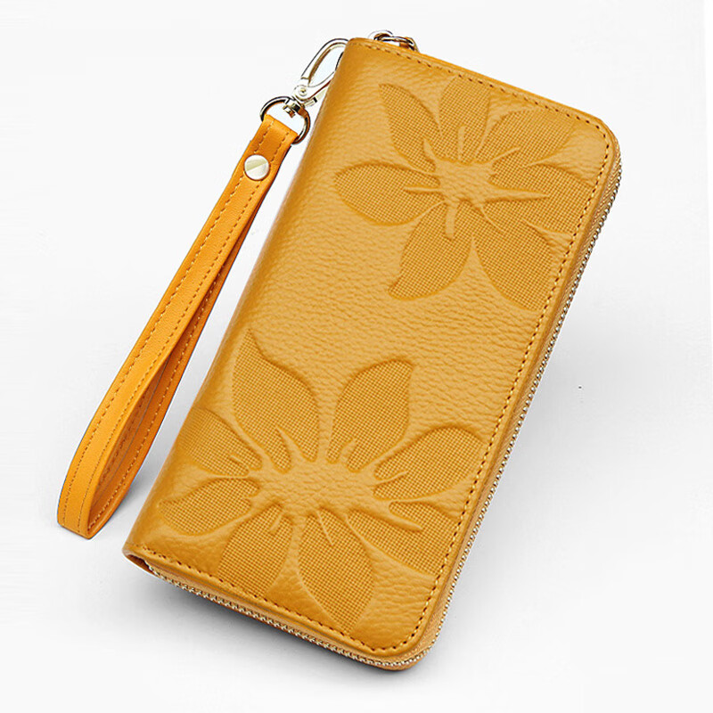 SHARELOVE genuine leather wallet long women's mobile phone bag zipper multi-card slot wallet first layer cowhide yellow fortune wallet new style green plum pattern, single zipper