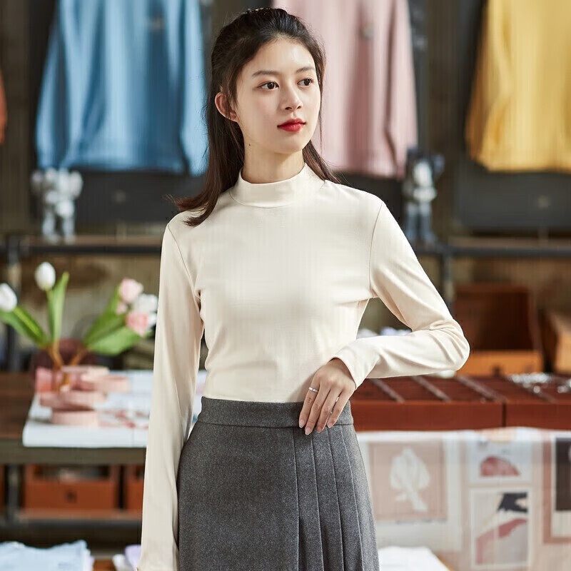 TonLion 2021 Bottoming shirt for women, long-sleeved T-shirt, half turtleneck short top, plus fleece/beige/second batch S