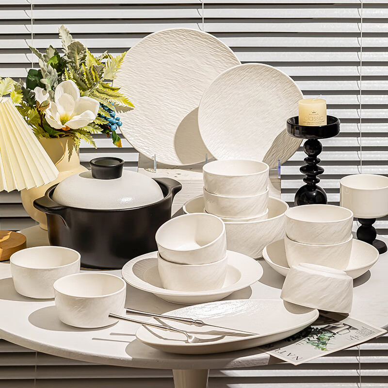 Shengxi bowls and plates tableware pure white rock pattern underglaze color tableware complete set of ceramic bowl set bowls and dishes bowls and chopsticks set for housewarming 10 people with soup bowl gift box set 42 pieces