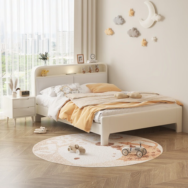 OCALSTAR simple and modern girl's white solid wood children's bed princess teen bed bedroom with night light storage bed bed + 10cm environmentally friendly brown mat (sleeping feeling is firm) 1.5*2 meters (frame type)