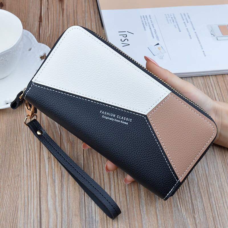 SHU GUO ER double zipper wallet women's long large capacity clutch double layer wallet Korean black #C112