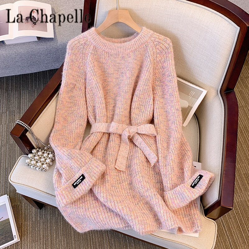 La Chapelle Lazy Style Autumn and Winter Mid-Length Sweater Dress Large Size Loose Tie Waist Sweater Bottoming Skirt Top Women Pure 100 Automatic Heating Flower Apricot High Plus Thick Pure 100 Automatic Heating M 95-105 Jin