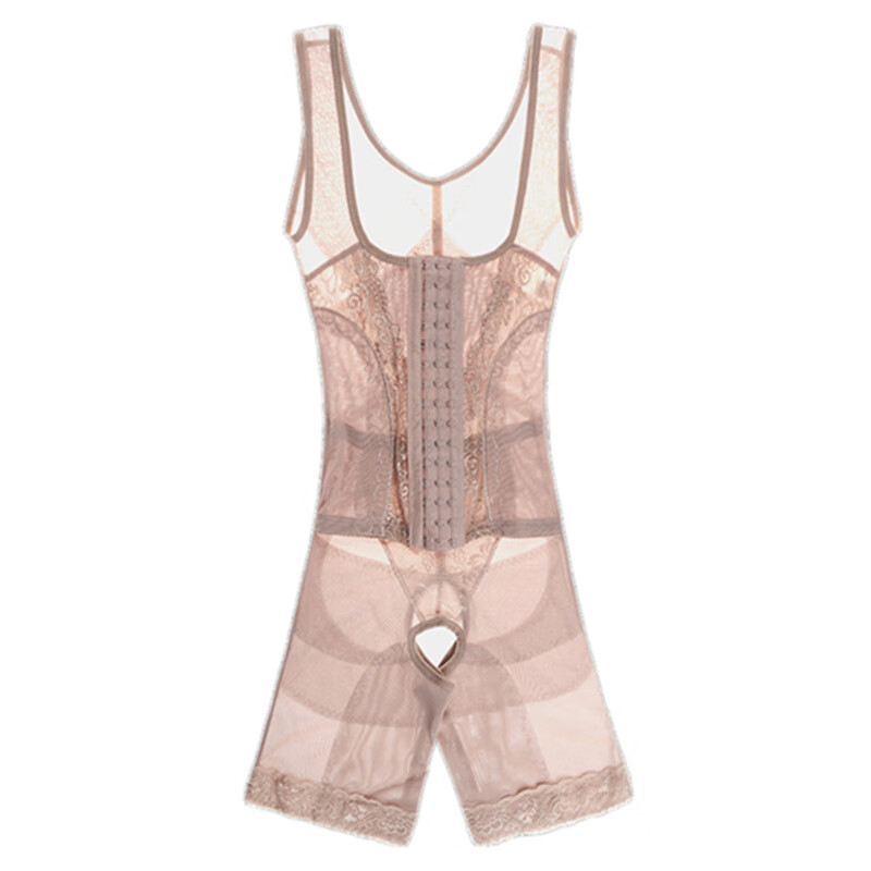 Tingmei (GRACWELL) upgraded high-end three-breasted one-piece body shaper, crotchless pressure belly control mesh lace body suit, skin color XL 111-120 pounds
