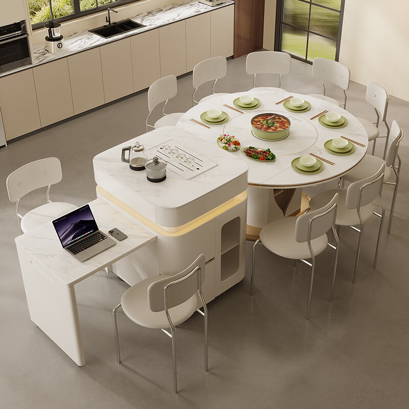 Yishengyuan slate island table dining table integrated household separated guide table modern light luxury with induction cooker turntable telescopic round table 1.35 meters dining table + telescopic island table