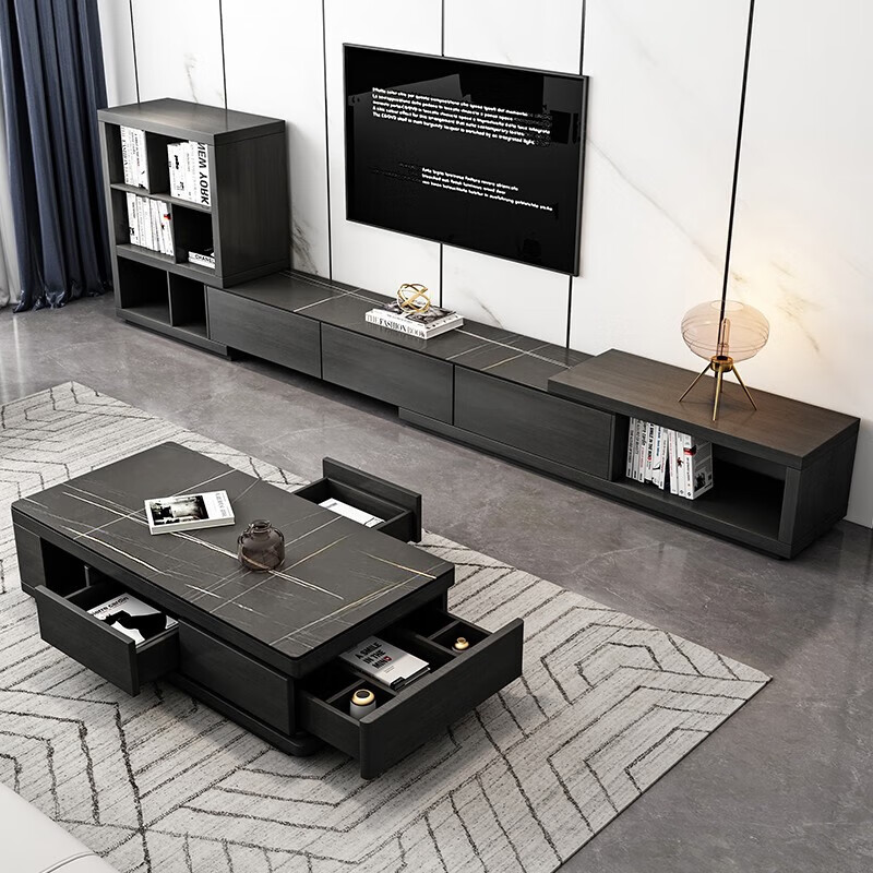 Ji Qin's quick delivery in 3 hours Coffee table Italian light luxury slate TV cabinet coffee table combination Nordic modern simple small apartment living room furniture TV cabinet base cabinet Upgraded slate coffee table (retractable 1.3-1.65 meters) Completely installed
