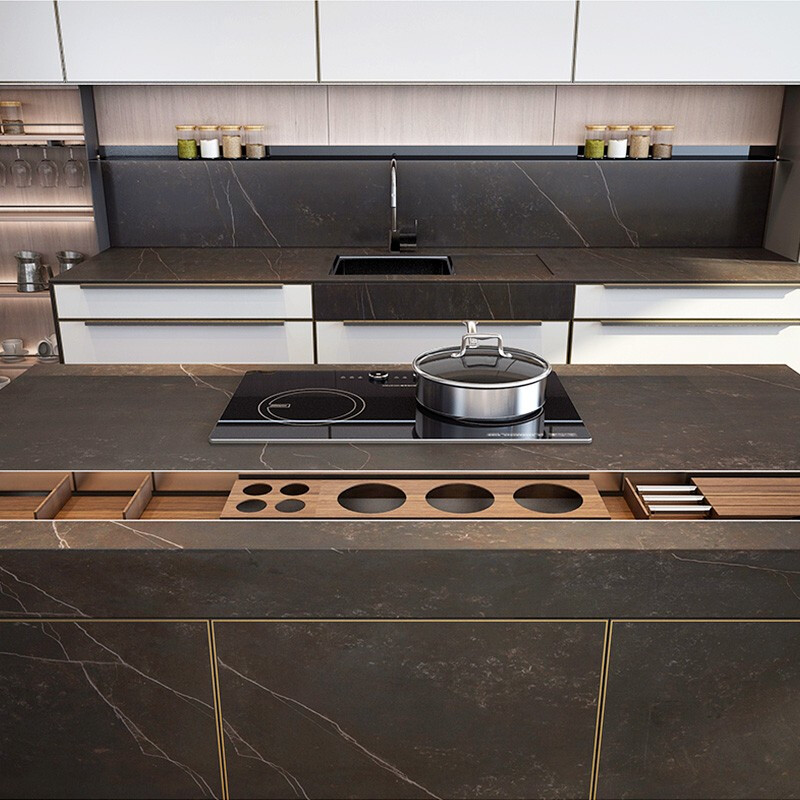 Zhibang Cabinets Kitchen Cabinets Customized Overall Cabinet Decoration High-end Luxurious Slate Colored Glass Kitchen Lift Bar Malmo 3.6m Countertop + 3.6m Floor Cabinet + 1.5m Wall Cabinet