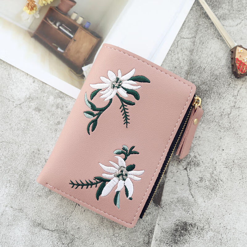 Aiman Design Small Wallet Women's Short Wallet Korean Style Small Fresh Ins Embroidery Embroidery Flower Decoration Cute Vertical Style Dark Pink
