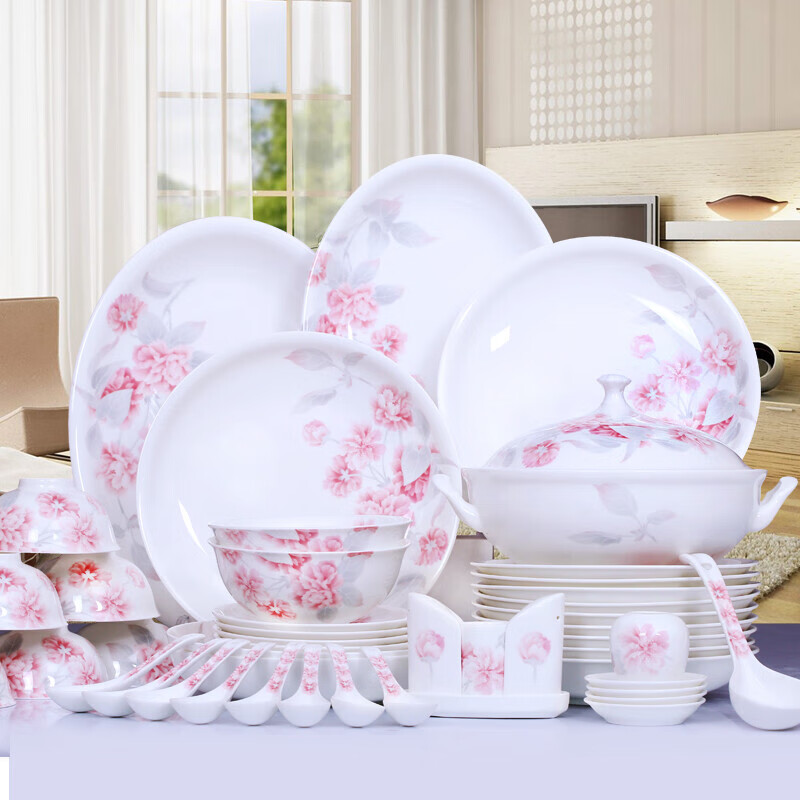 Huaguang Ceramics Bone China Tableware Set High Temperature Lead-Free Cadmium Glaze Colorful Bowls and Plates Wedding Housewarming Gift Romantic Dawn 22 Pieces Gift Box Ready Stock