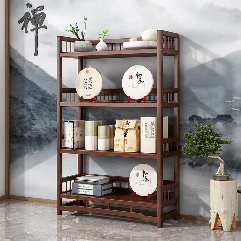 Bamboo Youjia tea cabinet office tea cabinet storage rack living room tea table table side cabinet tea room tea set storage storage cabinet walnut color three-layer with door with drawer 68 long storage rack