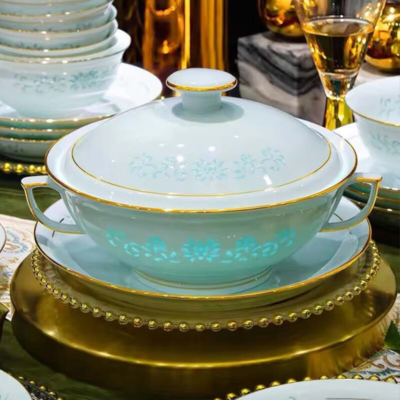Manyuan new style underglaze color exquisite bowl and dish set household Jingdezhen tableware light luxury celadon ceramic to give a sense of luxury Celadon exquisite 10 people configuration 70-piece set