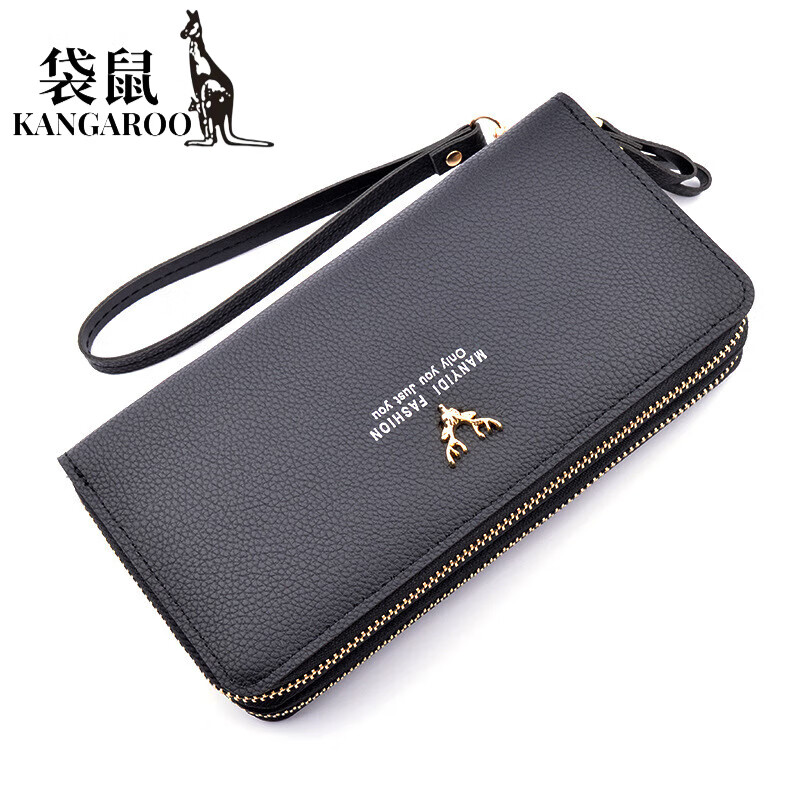 Kangaroo (KANGAROO) New Wallet Women's Long Clutch Double Zipper Wallet Mobile Phone Bag Fashion Simple Large Capacity Double Layer Wallet Black