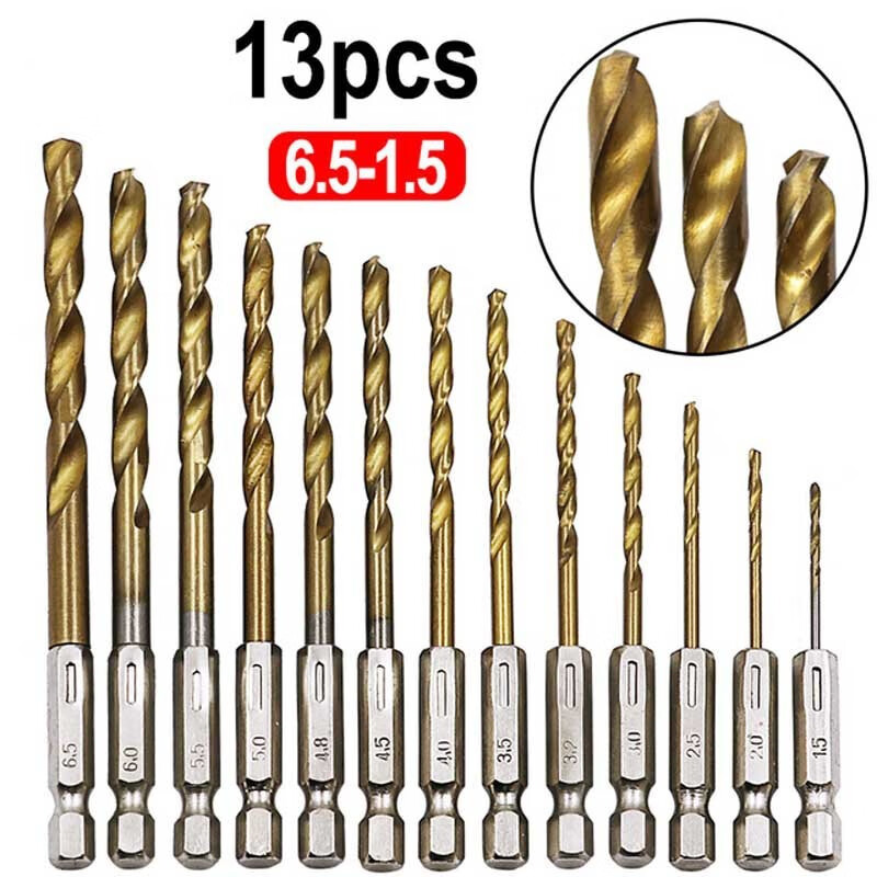 FEITA hexagonal handle twist drill bit set rechargeable drill high-speed steel reamer drill 1.5-6.5mm electric screwdriver bit titanium-plated twist drill bit 13-piece set