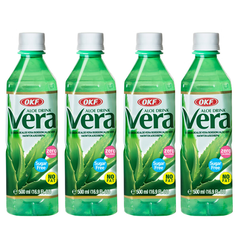 OKF imported from South Korea, Curaçao sugar-free aloe drink 500ml*4 bottles, 0 sugar, 0 fat, 0 calories, contains aloe vera particles