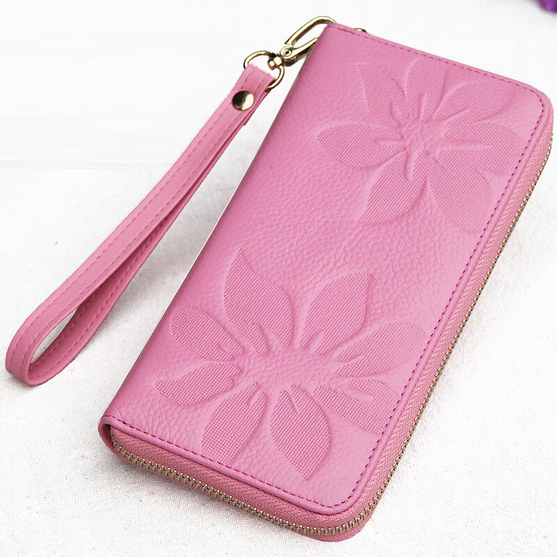 SHARELOVE genuine leather wallet long women's mobile phone bag zipper multi-card slot wallet first layer cowhide yellow fortune wallet new style green plum pattern, single zipper