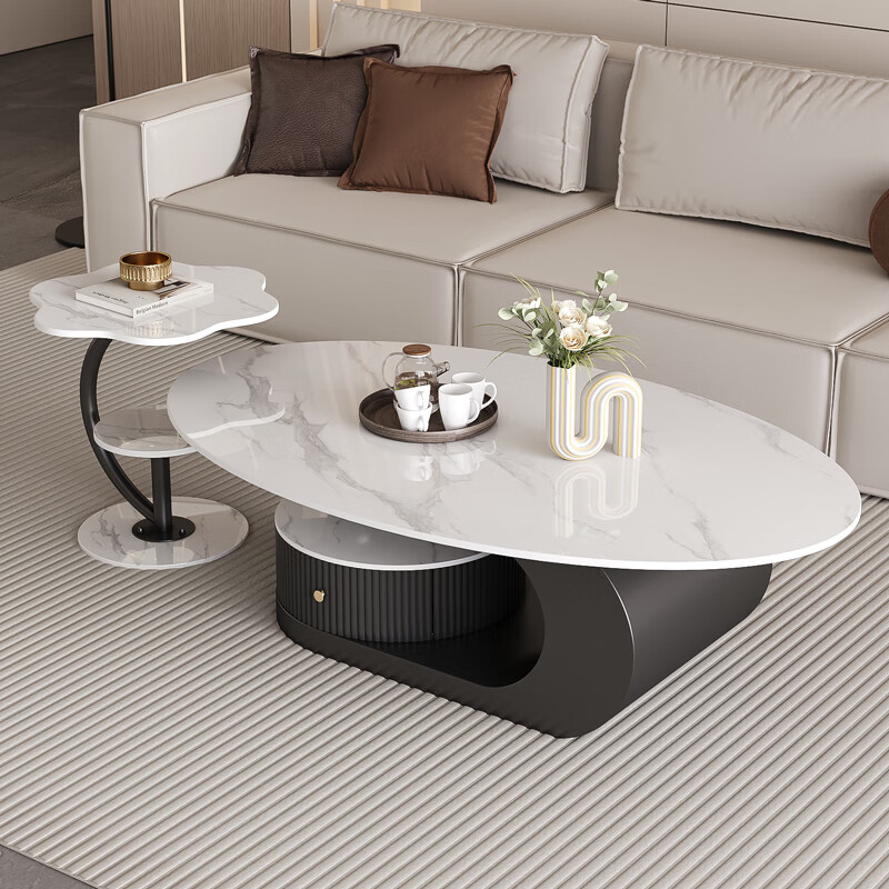 Verdanten light luxury style Italian slate coffee table for the living room oval coffee table table designer high-end small apartment tea table black frame + snow mountain white slate board 130*70*42 coffee table + side table