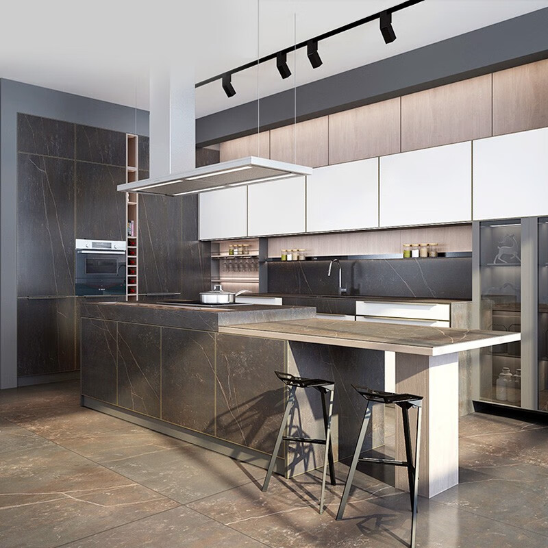 Zhibang Cabinets Kitchen Cabinets Customized Overall Cabinet Decoration High-end Luxurious Slate Colored Glass Kitchen Lift Bar Malmo 3.6m Countertop + 3.6m Floor Cabinet + 1.5m Wall Cabinet