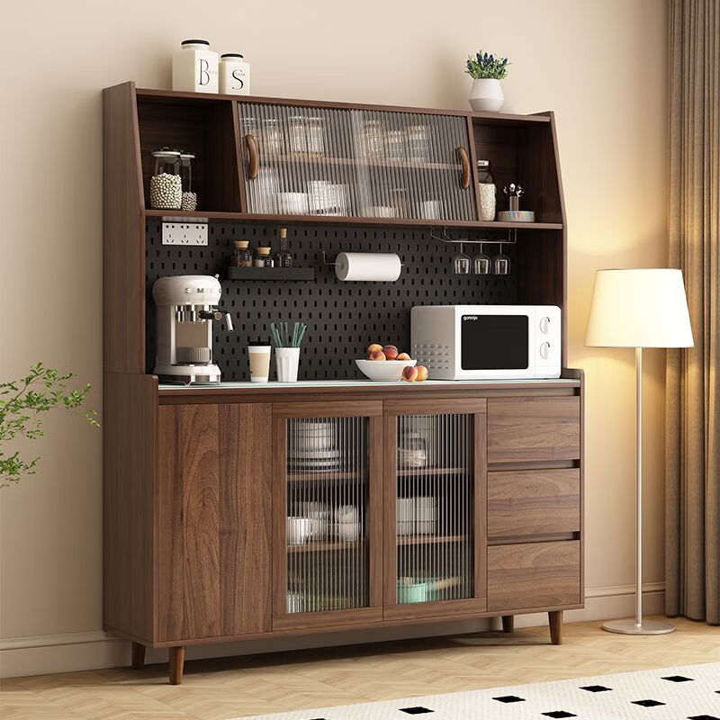 Yixusen solid wood sideboard integrated wall-mounted Nordic modern living room wine cabinet tea cabinet multi-functional kitchen storage cabinet solid wood walnut glass door 80