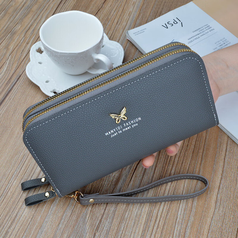 New style portable wallet for women, long double zipper clutch bag, large capacity double layer mobile phone bag, fashionable litchi pattern wallet, maroon