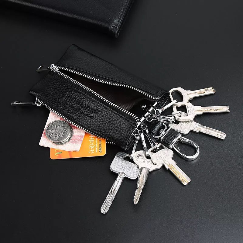 Kuqi Kangaroo Key Bag Men's Genuine Leather Zipper Waist Hanging Multifunctional Large Capacity Car Key Bag Storage Bag Key Bag Women Black