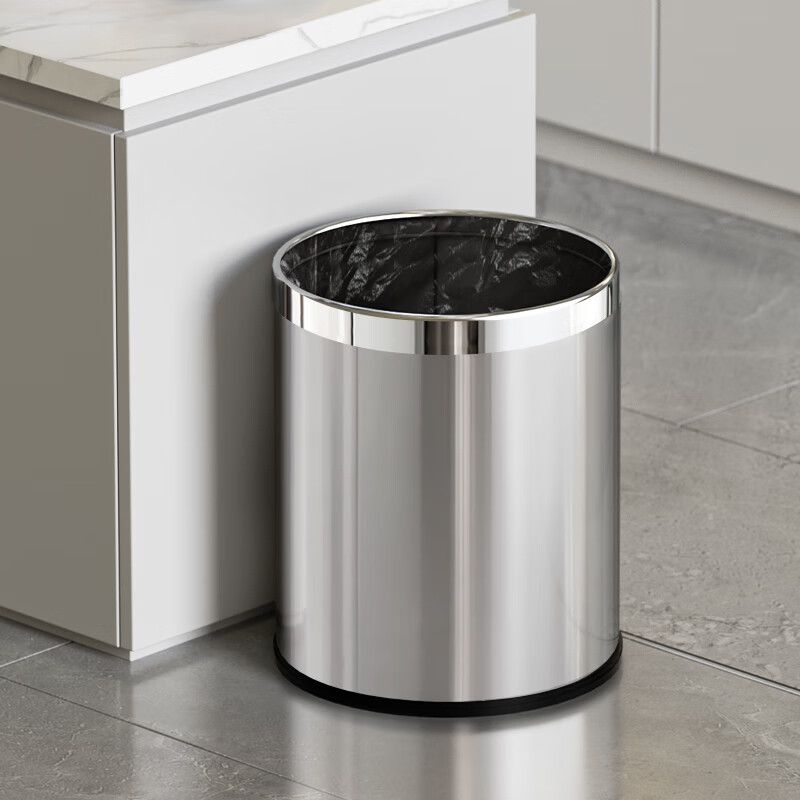 AKBK stainless steel metal trash can 10L living room kitchen bathroom light luxury hotel office large round single layer