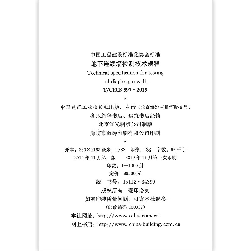 T/CECS 597-2019 Technical Regulations for Inspection of Underground Diaphragm Walls