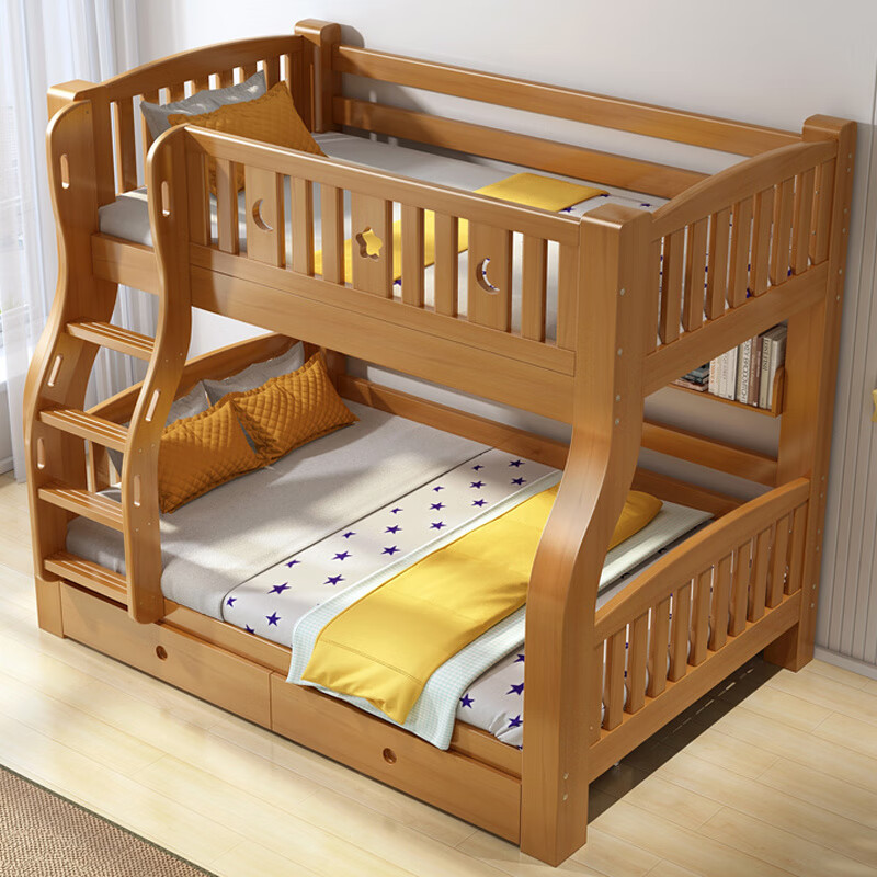 LAIKEXUAN children's solid wood bunk beds for boys and girls, high and low bunk beds, walnut ladder cabinets, upper bunk 160, lower bunk 180